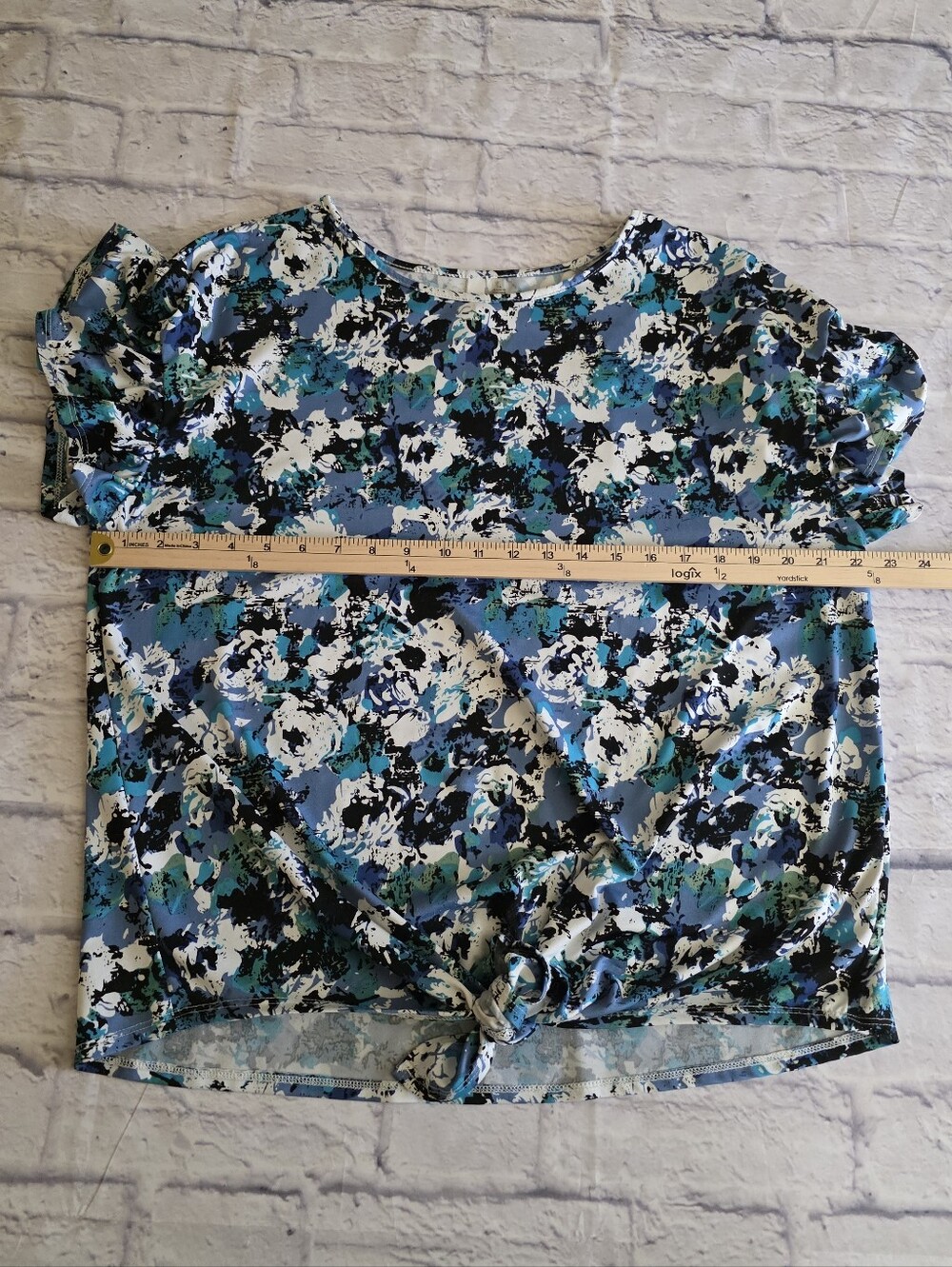 NY Collection Blue Ruched Tie Front Blouse - Picture 9 of 9
